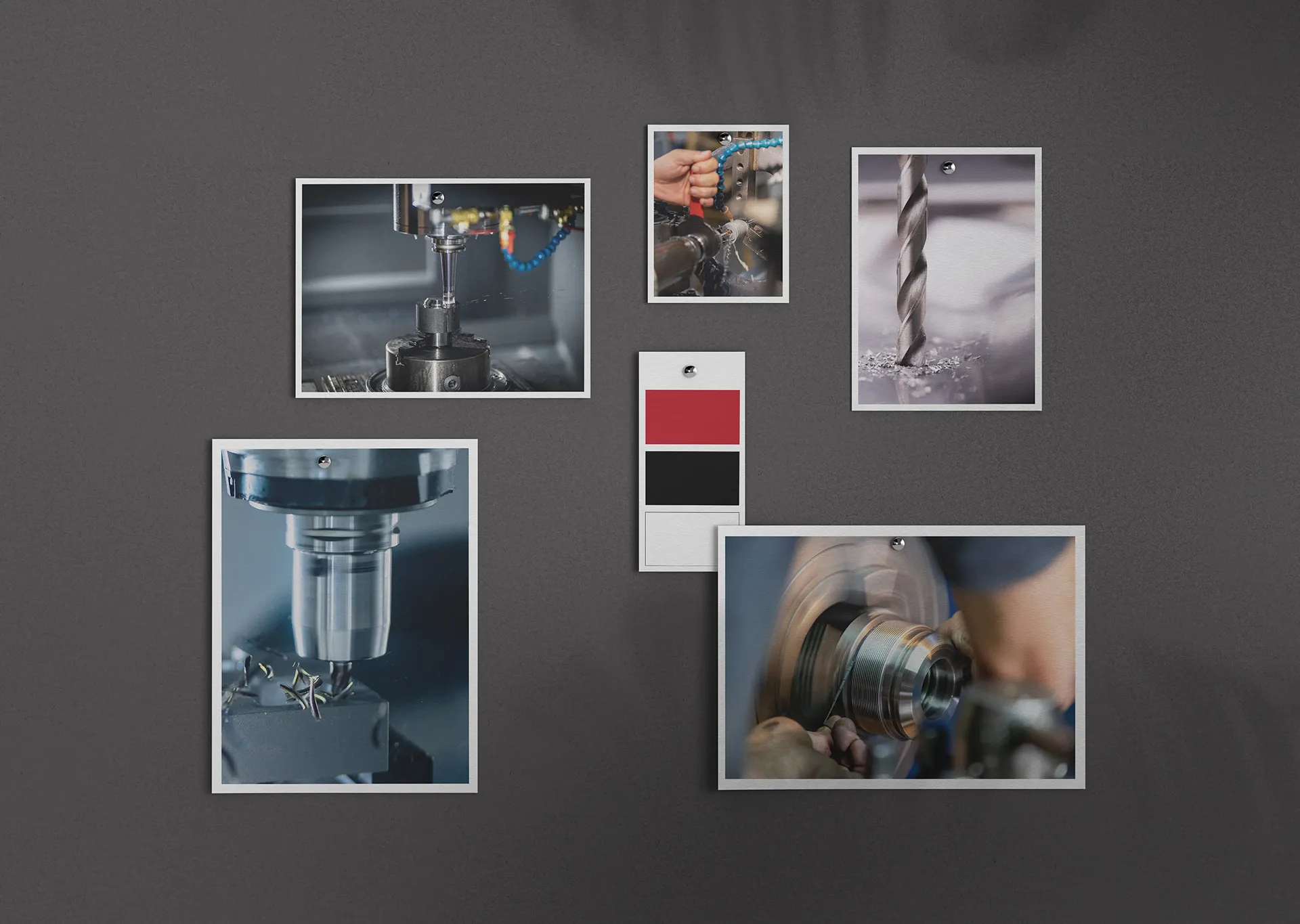 Moodboard visuel Promeca avec photos d’usinage industriel, outils de mécanique de précision et palette de couleurs rouge, noir et blanc.